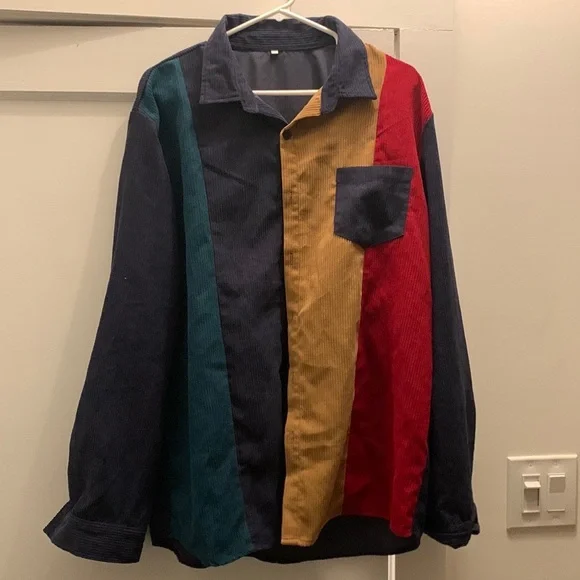 Men Color Block Patched Pocket Corduroy Shirt Size XL - Picture 2 of 7